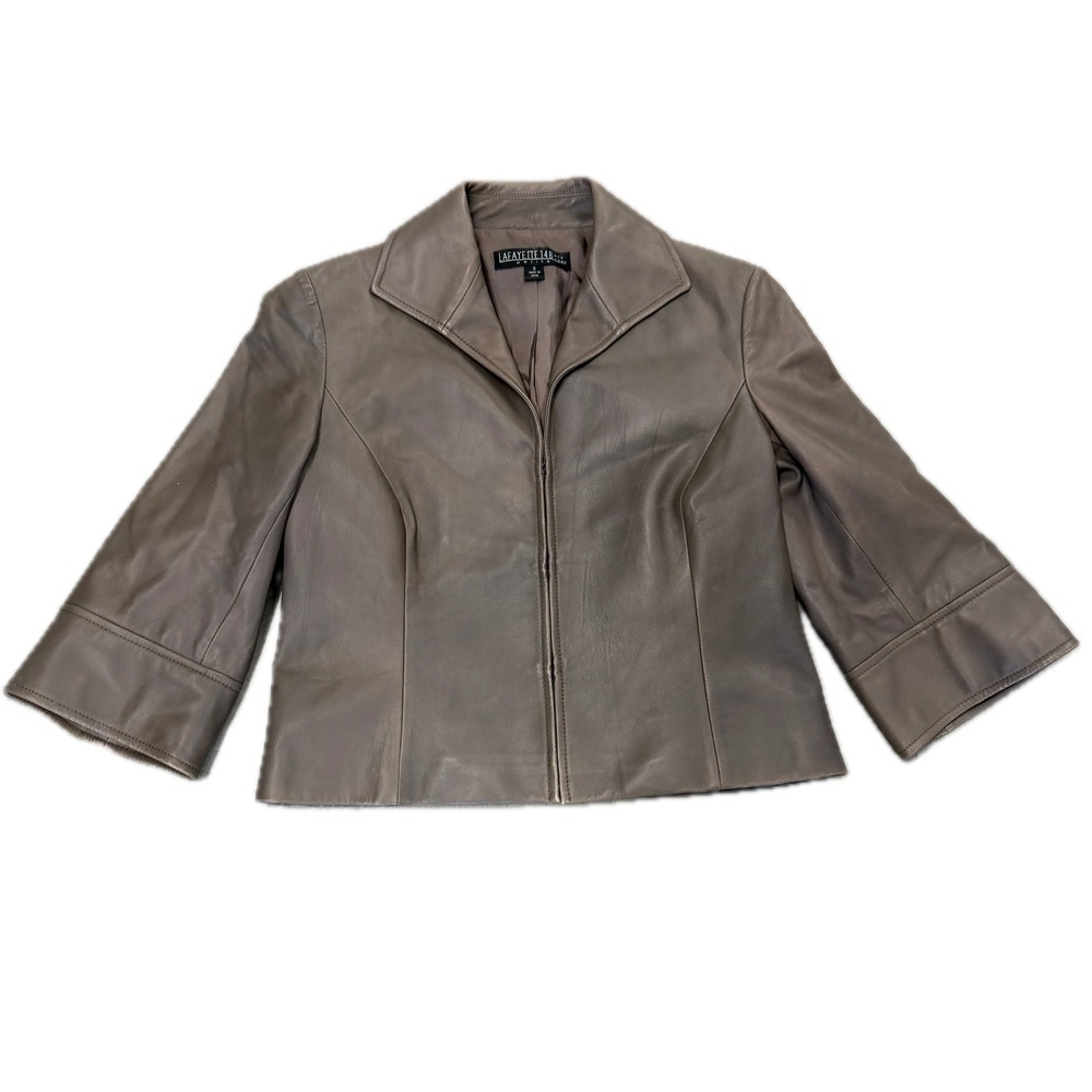 LAFAYETTE 148 NEW YORK Taupe Grey Leather 3/4 Sleeve Jacket Size 0P